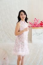 Huan Ru Cheongsam Mini Dress with Sequin in Pink with Feathers