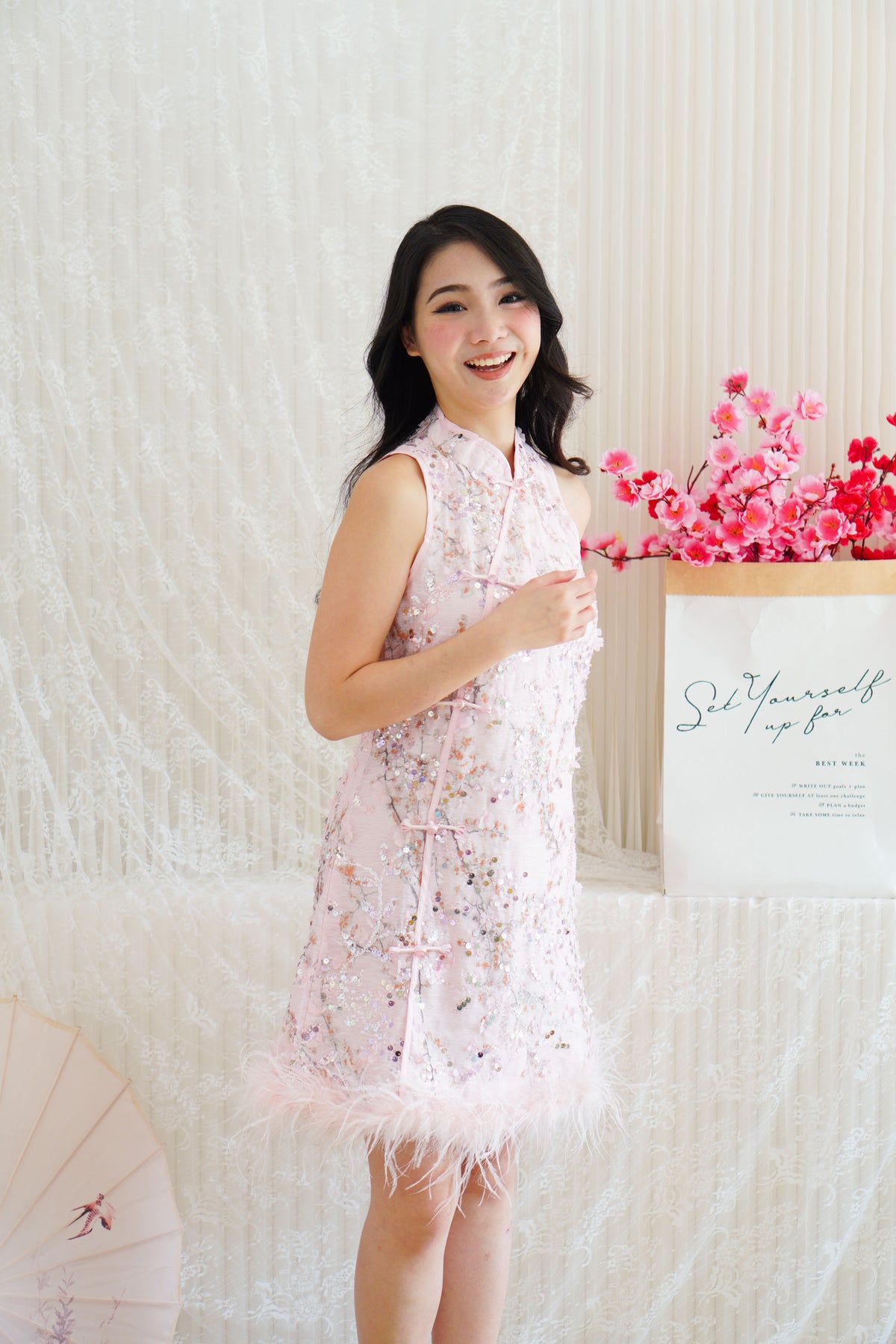 Huan Ru Cheongsam Mini Dress with Sequin in Pink with Feathers