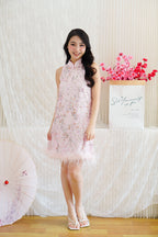 Huan Ru Cheongsam Mini Dress with Sequin in Pink with Feathers