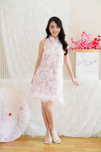 Huan Ru Cheongsam Mini Dress with Sequin in Pink with Feathers