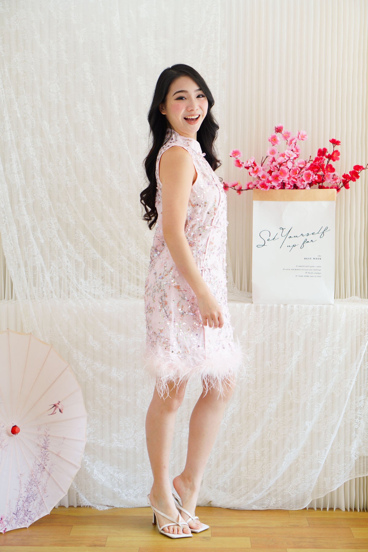 Huan Ru Cheongsam Mini Dress with Sequin in Pink with Feathers