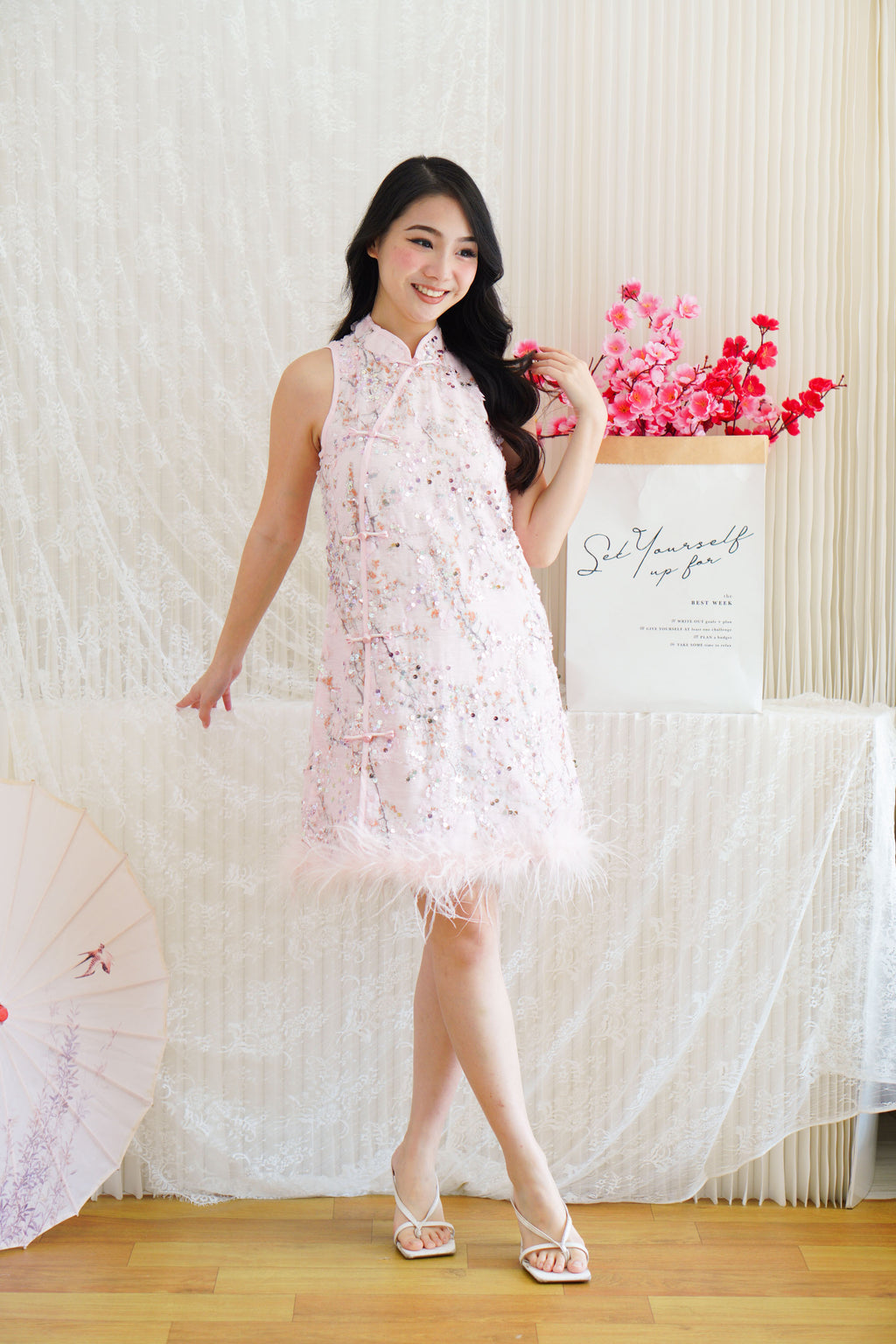 Huan Ru Cheongsam Mini Dress with Sequin in Pink with Feathers