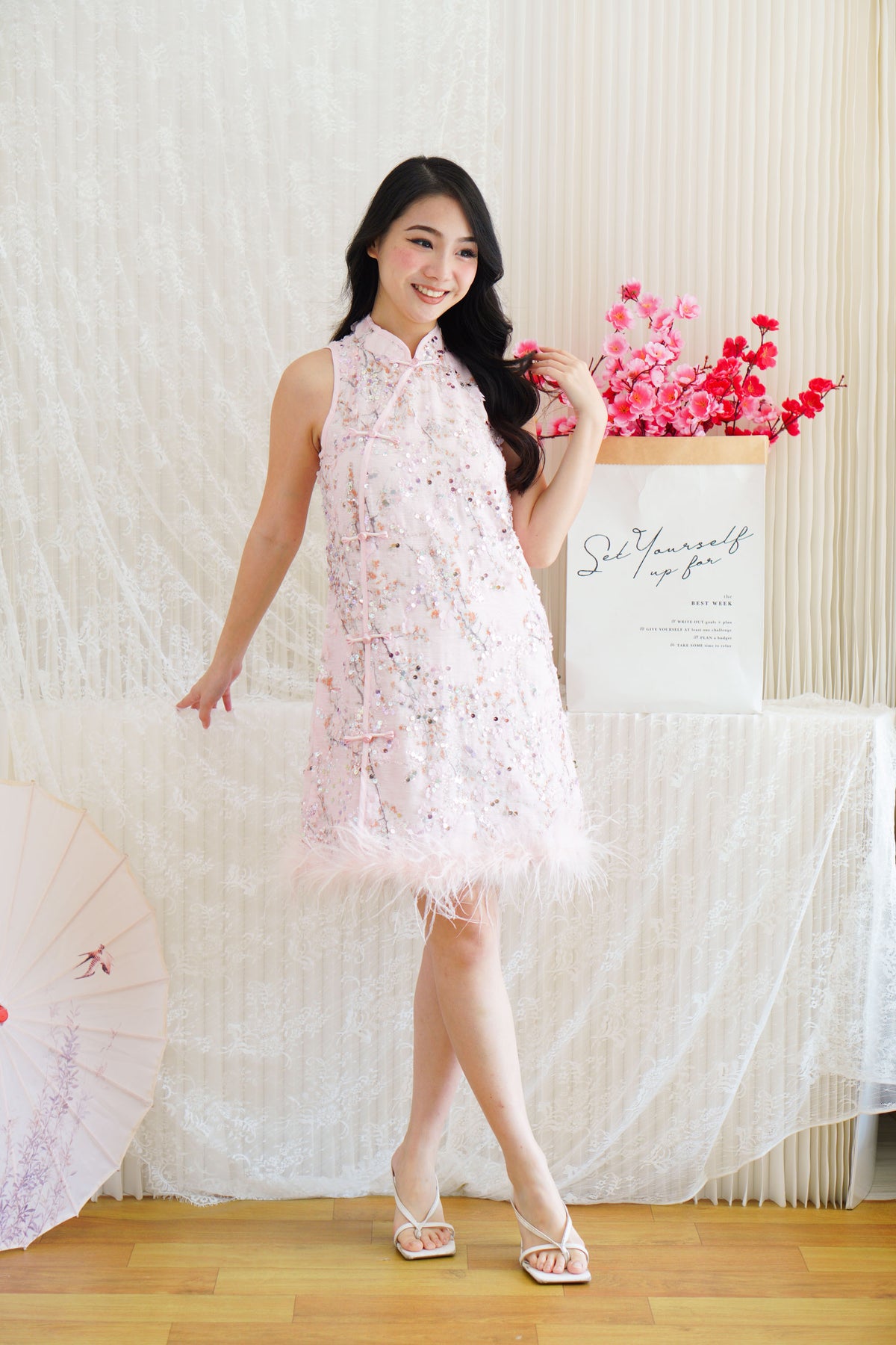 Huan Ru Cheongsam Mini Dress with Sequin in Pink with Feathers