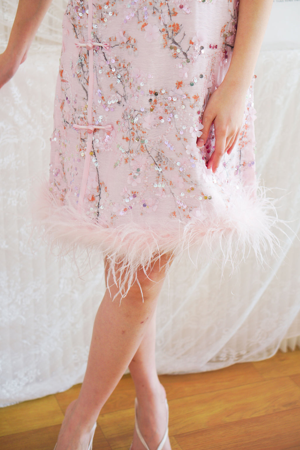 Huan Ru Cheongsam Mini Dress with Sequin in Pink with Feathers