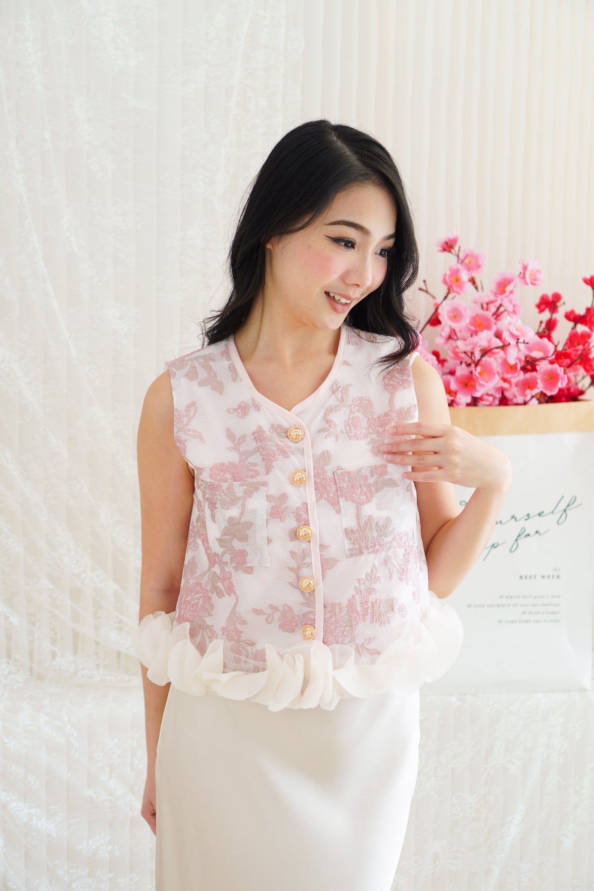 An Ya Jacquard Printed Vest Top with Ruffles in Pink