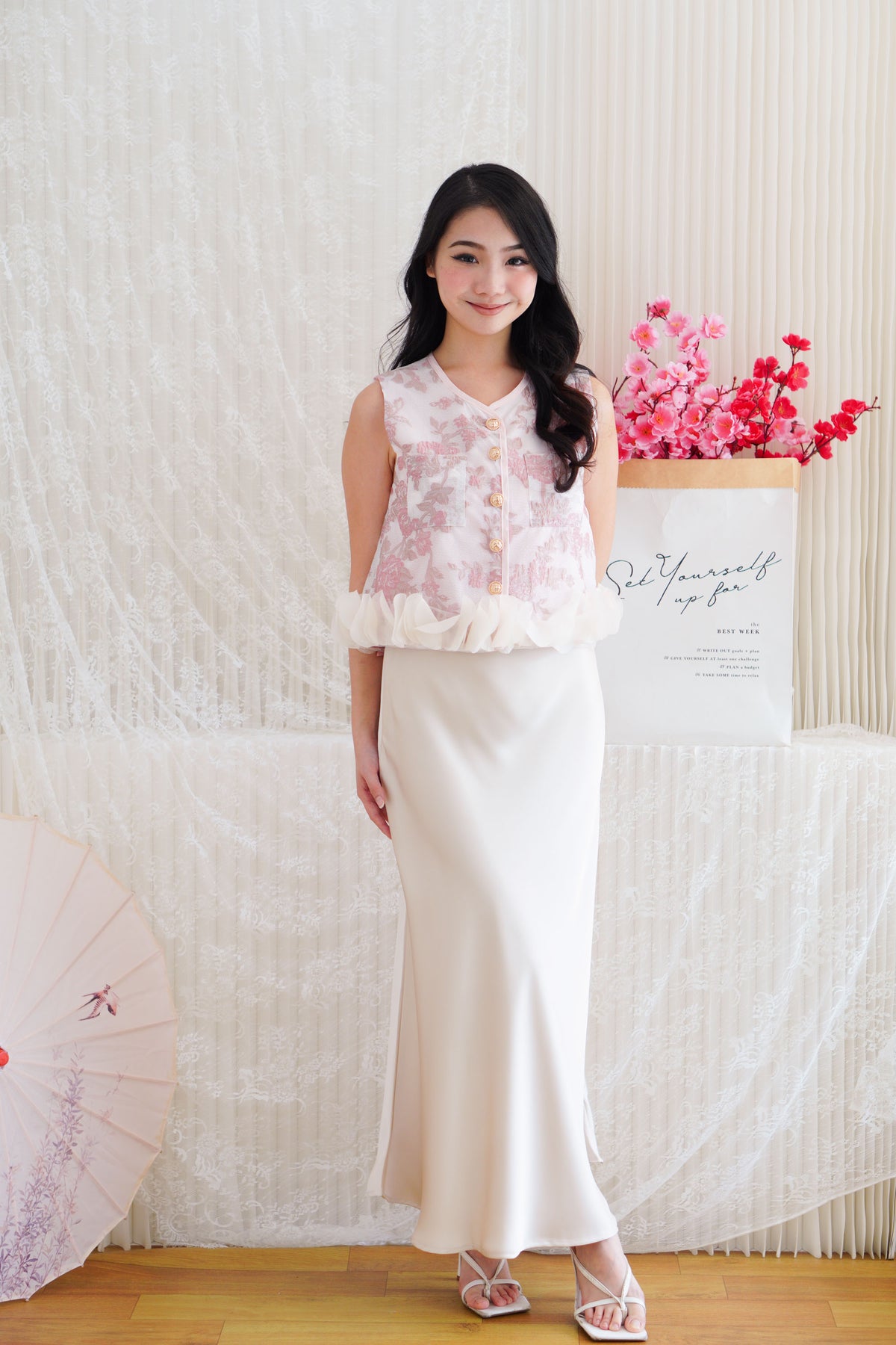 An Ya Jacquard Printed Vest Top with Ruffles in Pink