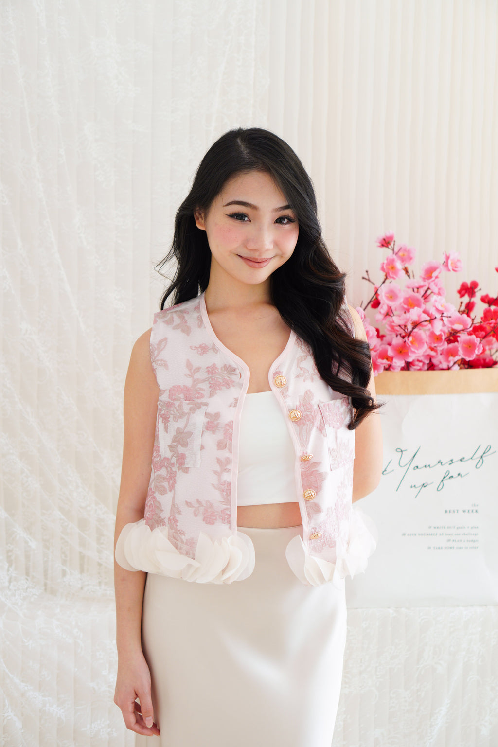 An Ya Jacquard Printed Vest Top with Ruffles in Pink