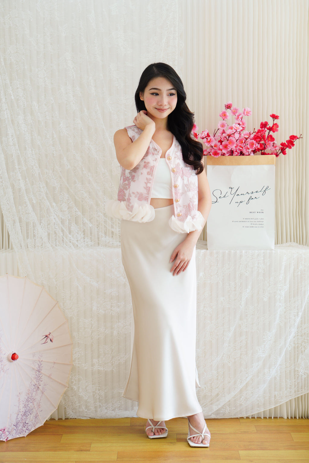 An Ya Jacquard Printed Vest Top with Ruffles in Pink