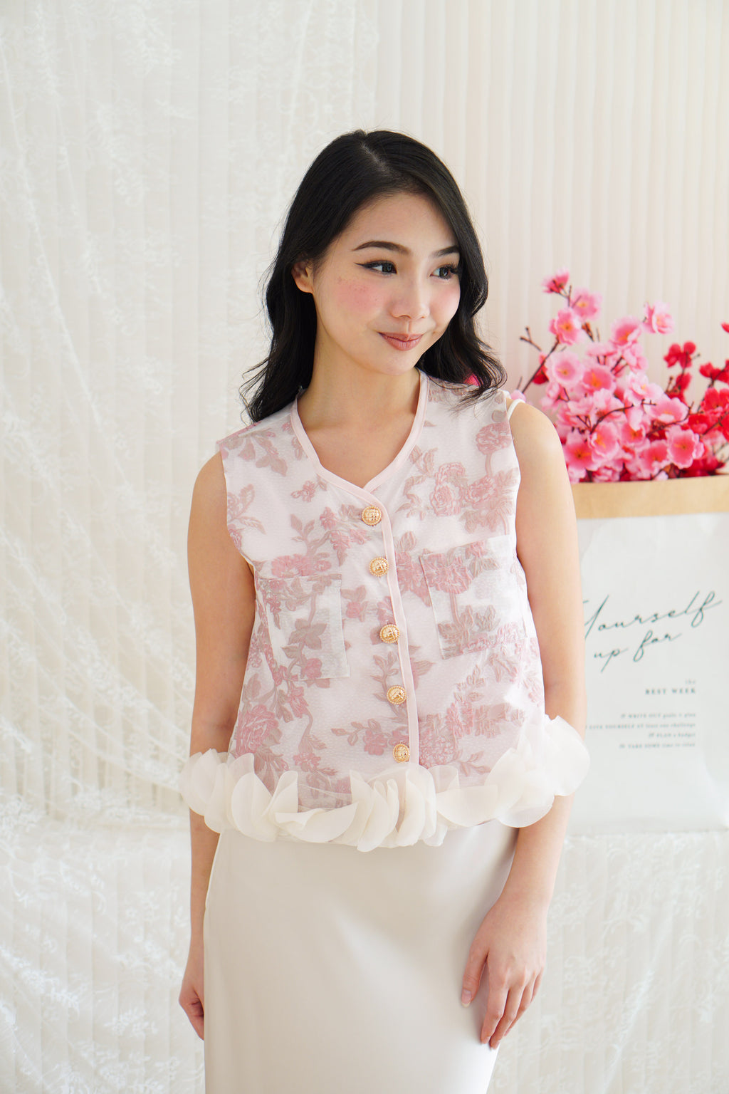 An Ya Jacquard Printed Vest Top with Ruffles in Pink