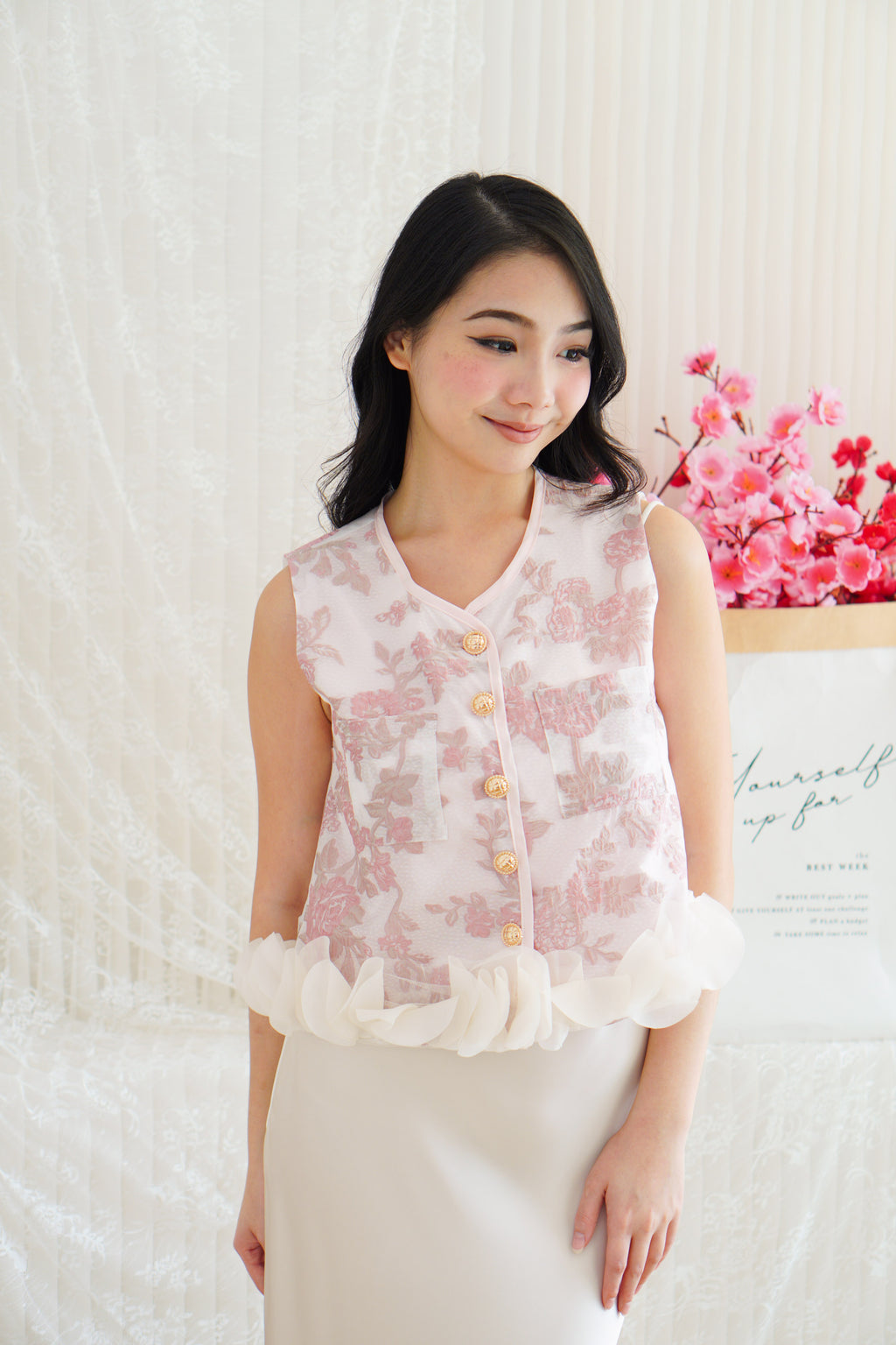 An Ya Jacquard Printed Vest Top with Ruffles in Pink