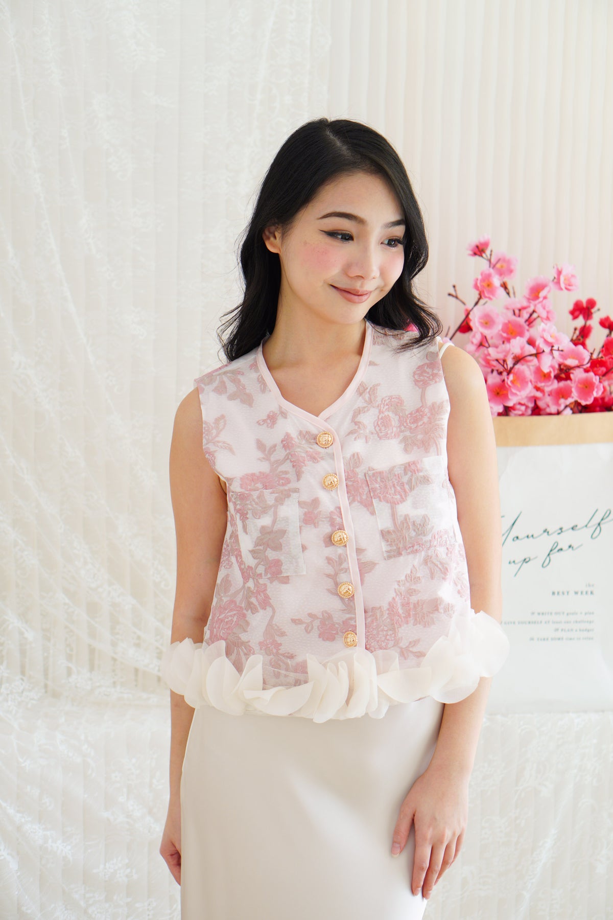 An Ya Jacquard Printed Vest Top with Ruffles in Pink