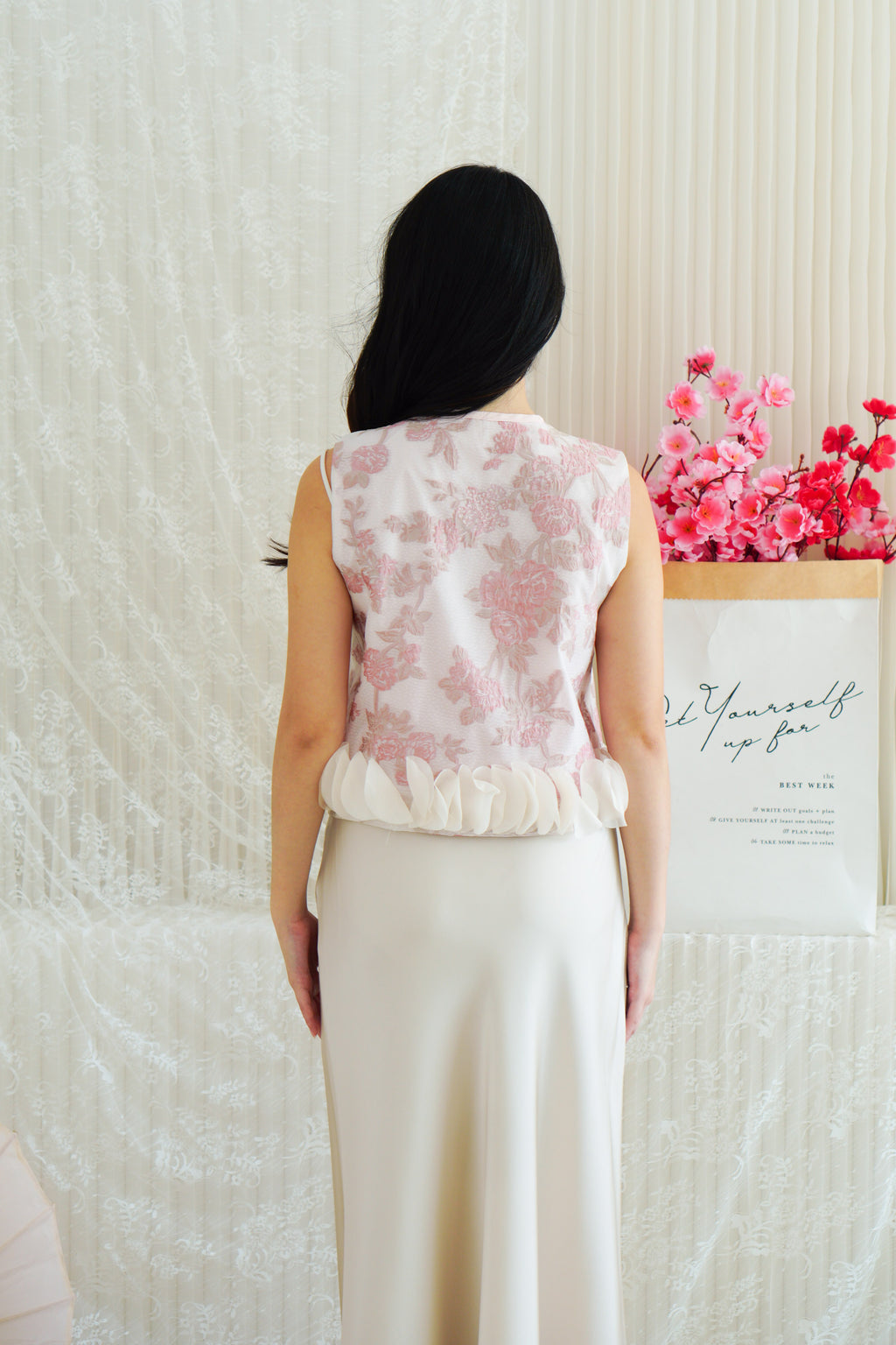 An Ya Jacquard Printed Vest Top with Ruffles in Pink