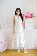Zhu Qing Floral Modern Cheongsam A-Line Dress in Cream and Green
