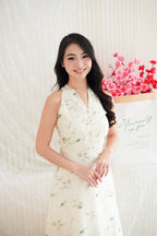 Zhu Qing Floral Modern Cheongsam A-Line Dress in Cream and Green