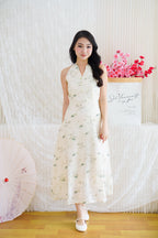 Zhu Qing Floral Modern Cheongsam A-Line Dress in Cream and Green