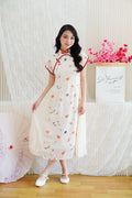 Mu Ran Cap Sleeves Flowy Cheongsam in Cream with Red Lining
