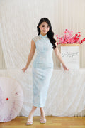 Ming Shu Floral Cheongsam with Sheer Panel in Blue