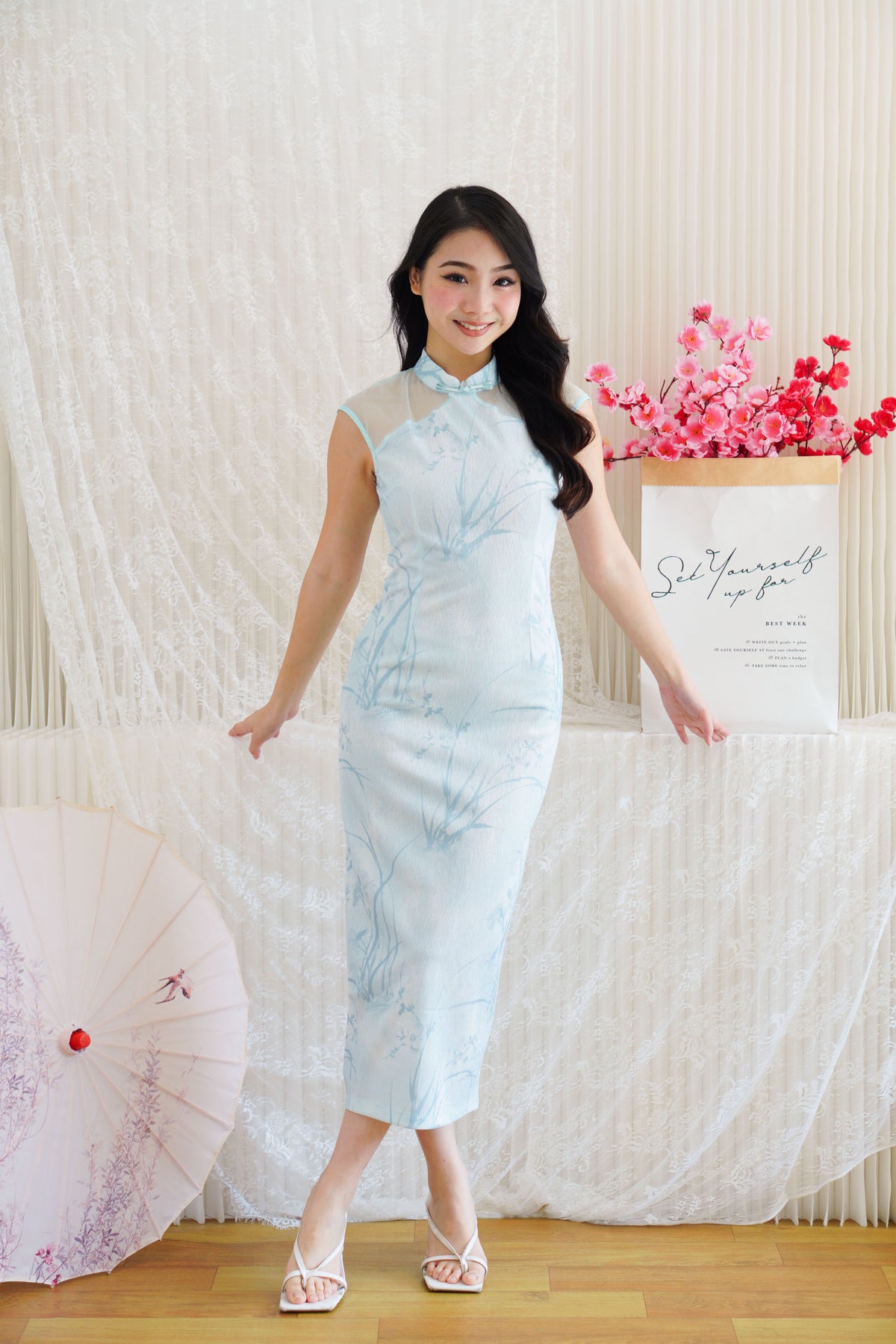 Ming Shu Floral Cheongsam with Sheer Panel in Blue