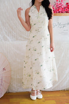 Zhu Qing Floral Modern Cheongsam A-Line Dress in Cream and Green
