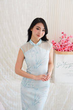 Ming Shu Floral Cheongsam with Sheer Panel in Blue