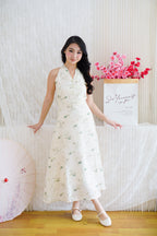 Zhu Qing Floral Modern Cheongsam A-Line Dress in Cream and Green