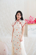 Mu Ran Cap Sleeves Flowy Cheongsam in Cream with Red Lining