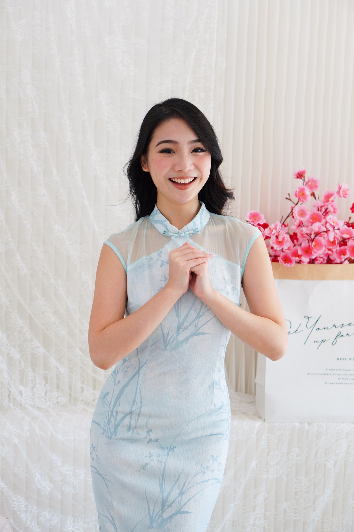 Ming Shu Floral Cheongsam with Sheer Panel in Blue