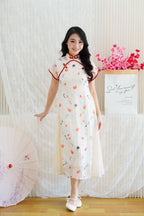 Mu Ran Cap Sleeves Flowy Cheongsam in Cream with Red Lining