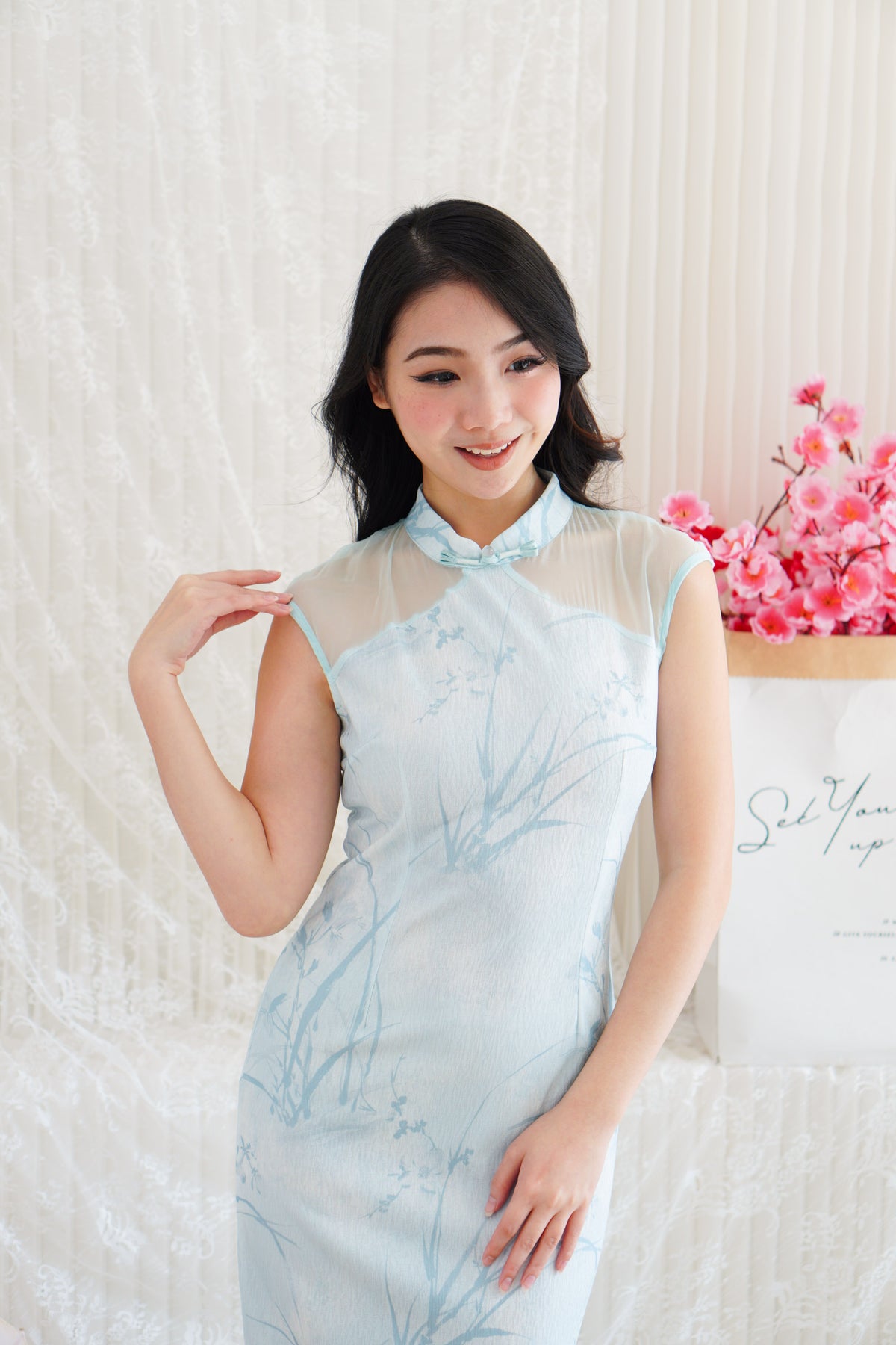 Ming Shu Floral Cheongsam with Sheer Panel in Blue