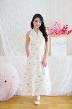 Zhu Qing Floral Modern Cheongsam A-Line Dress in Cream and Green