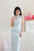 Ming Shu Floral Cheongsam with Sheer Panel in Blue
