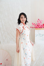 Mu Ran Cap Sleeves Flowy Cheongsam in Cream with Red Lining