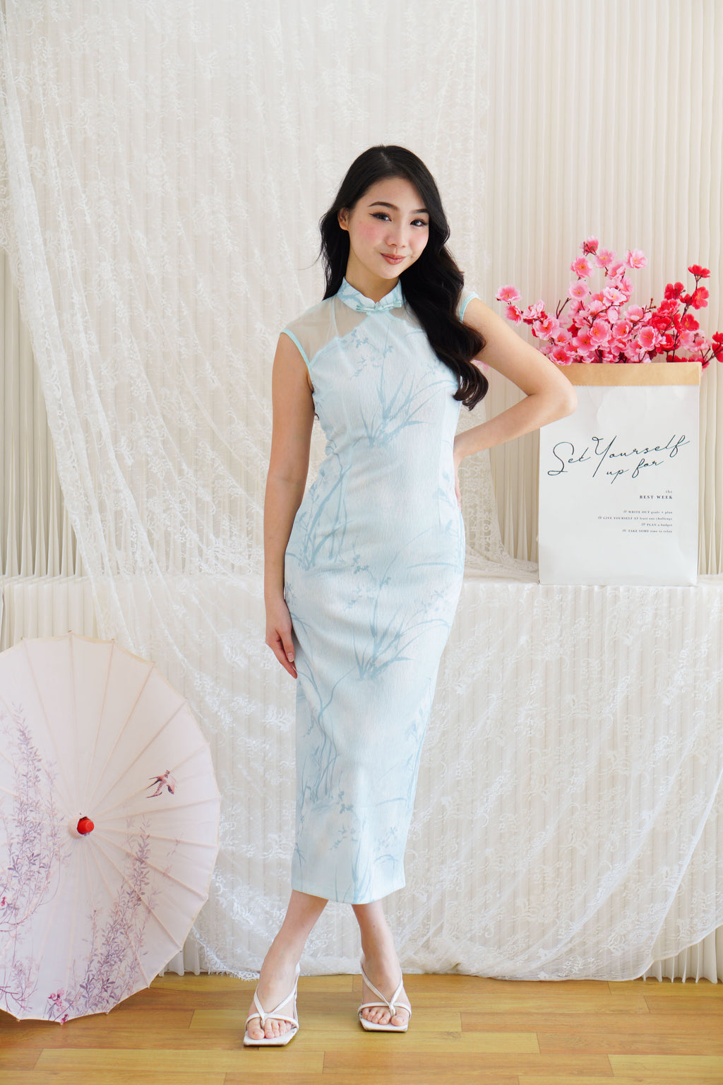 Ming Shu Floral Cheongsam with Sheer Panel in Blue