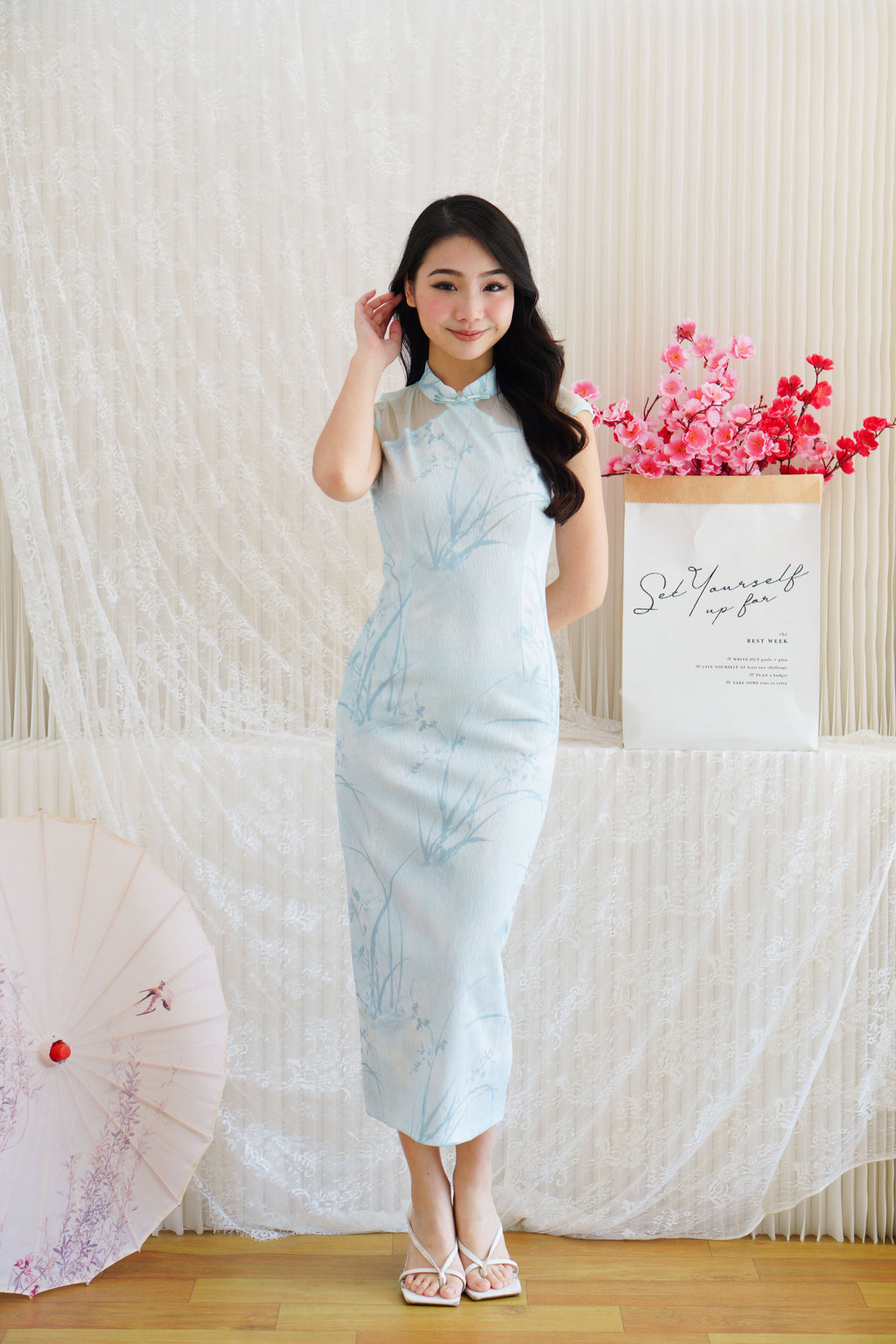 Ming Shu Floral Cheongsam with Sheer Panel in Blue