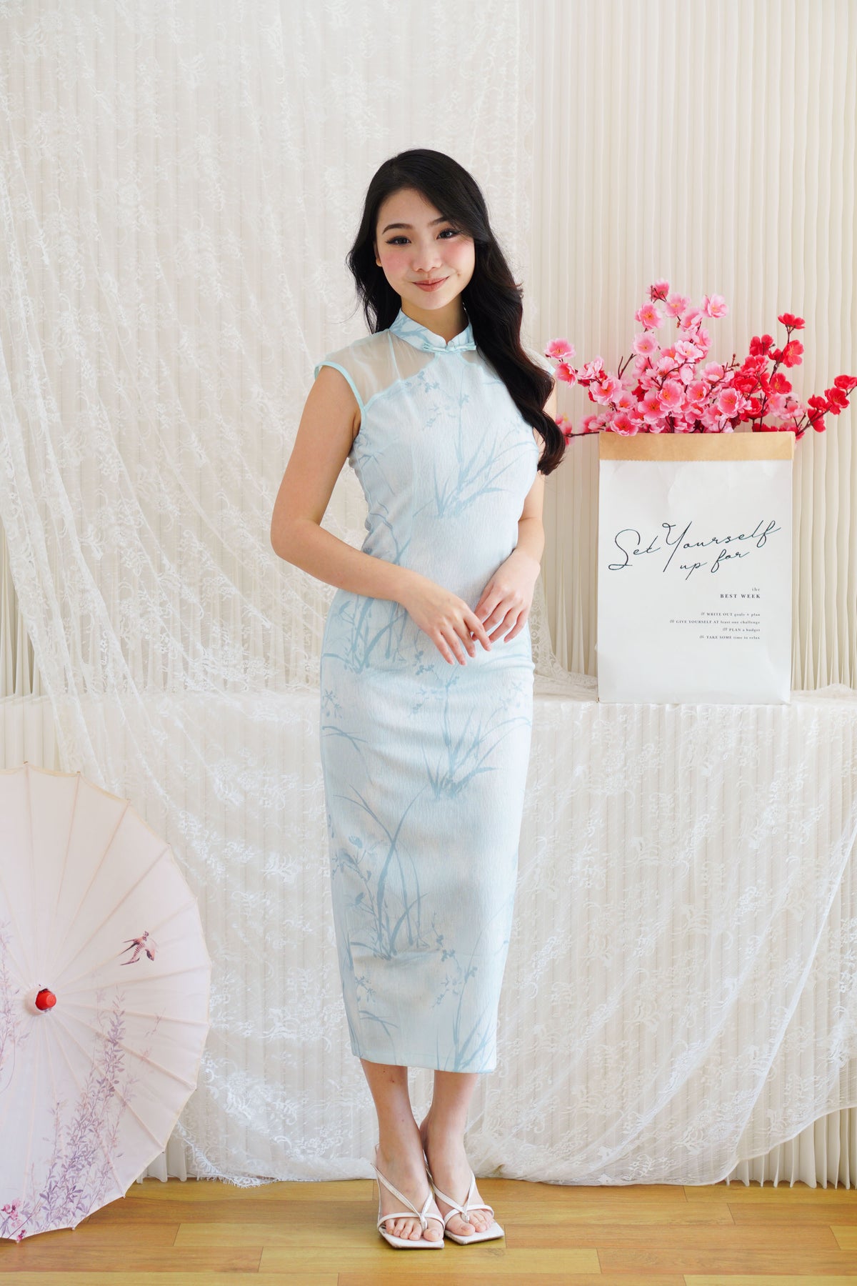 Ming Shu Floral Cheongsam with Sheer Panel in Blue