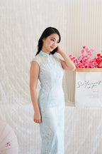 Ming Shu Floral Cheongsam with Sheer Panel in Blue