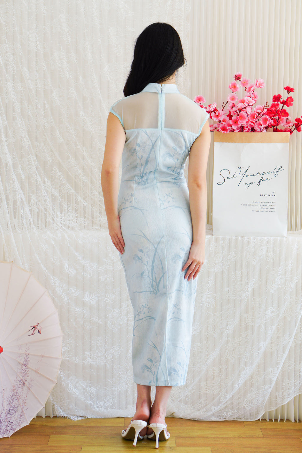 Ming Shu Floral Cheongsam with Sheer Panel in Blue