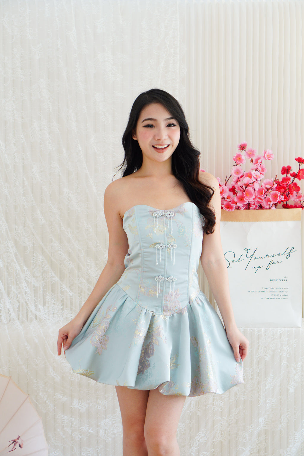 Kya Mini Bubble Cheongsam Tube Dress in Blue