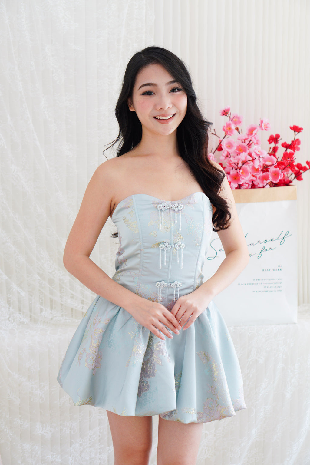 Kya Mini Bubble Cheongsam Tube Dress in Blue