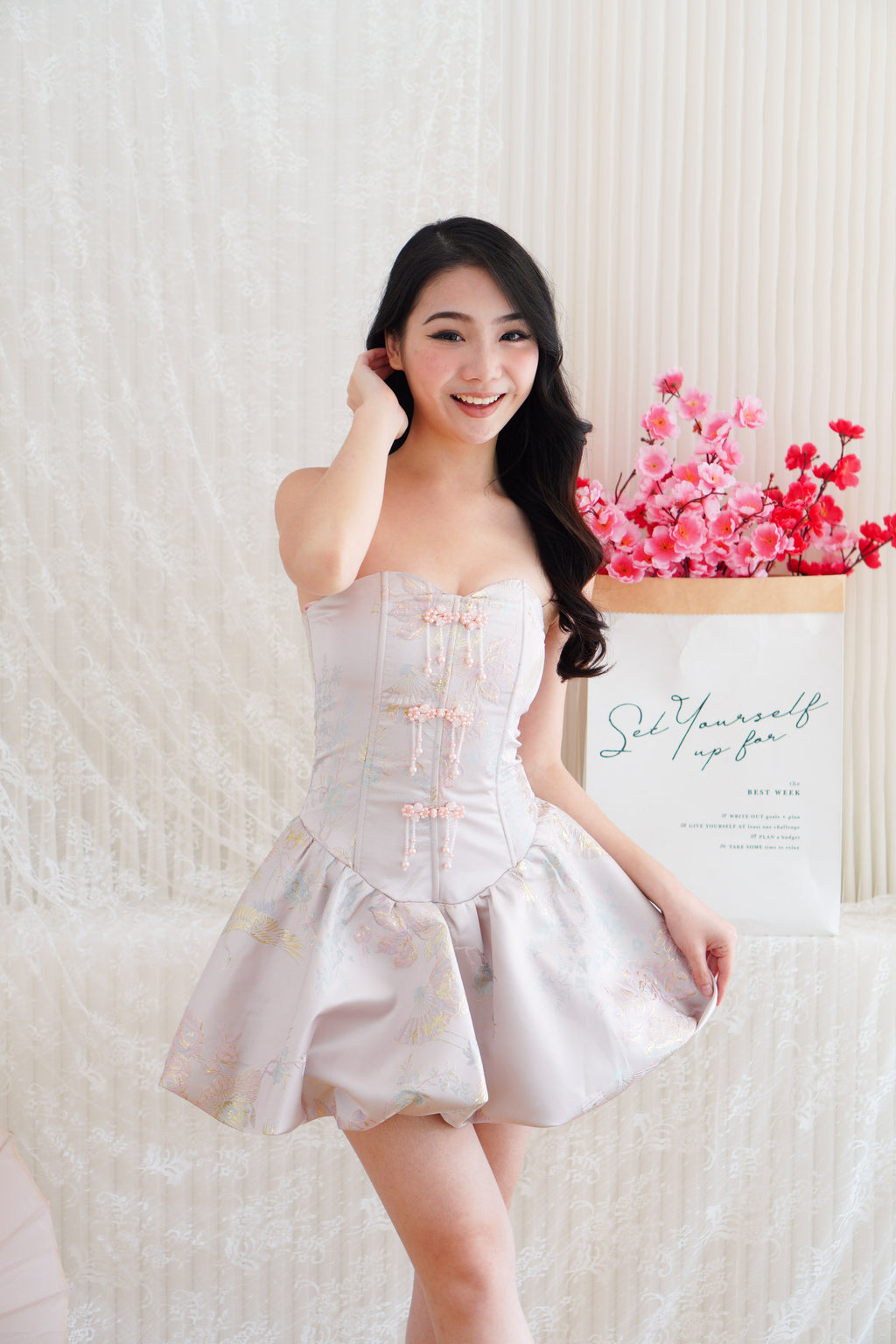 Kya Mini Bubble Cheongsam Tube Dress in Pink