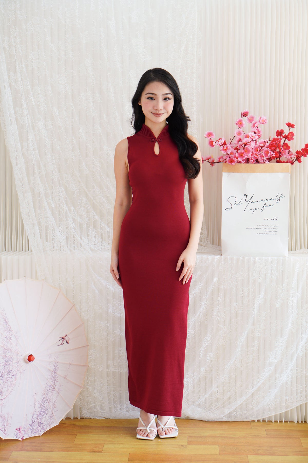Ru Wen Knit Bodycon Cheongsam Dress in Red