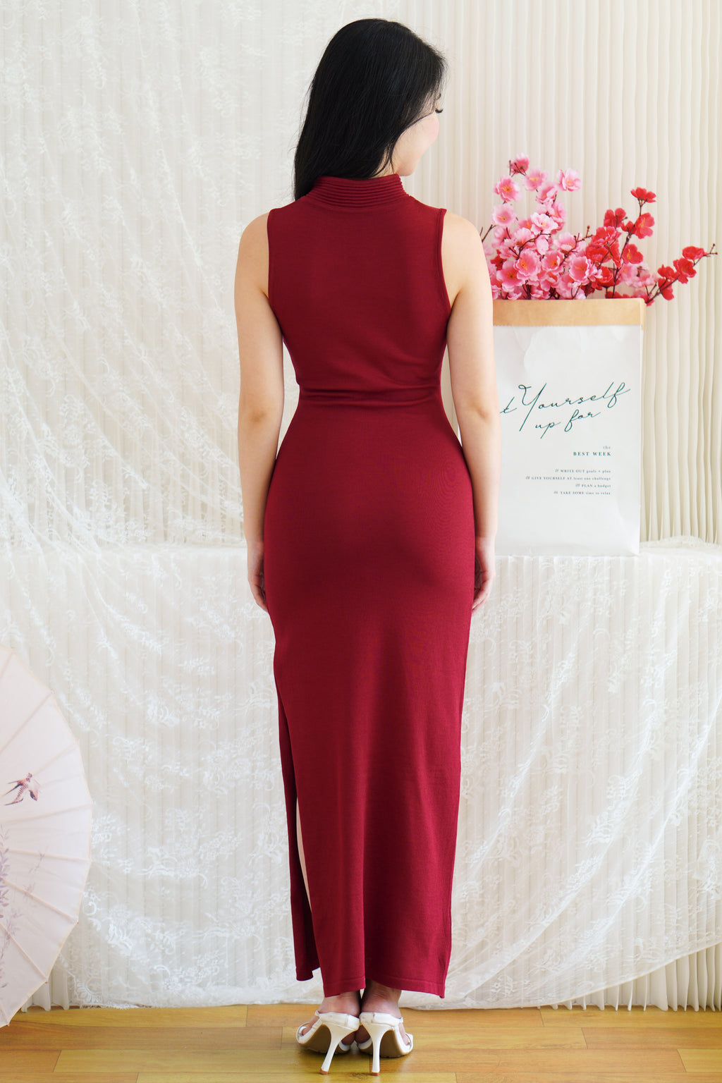 Ru Wen Knit Bodycon Cheongsam Dress in Red