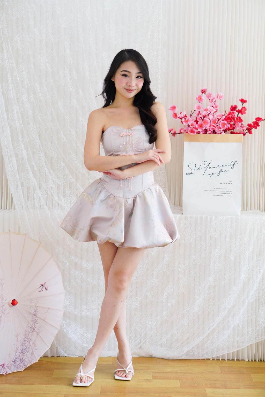 Kya Mini Bubble Cheongsam Tube Dress in Pink