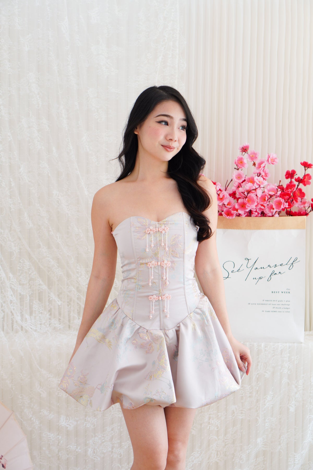 Kya Mini Bubble Cheongsam Tube Dress in Pink