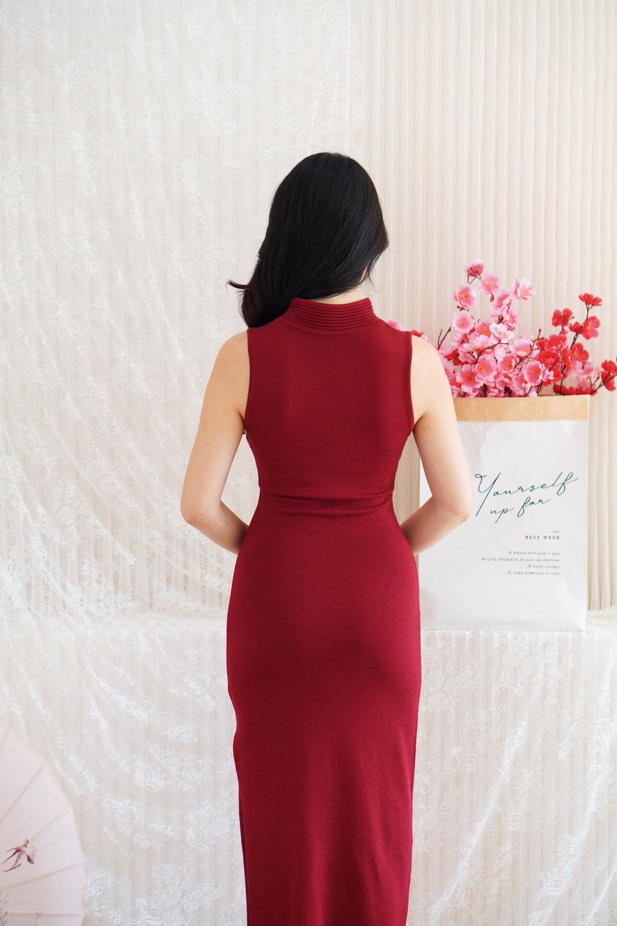 Ru Wen Knit Bodycon Cheongsam Dress in Red