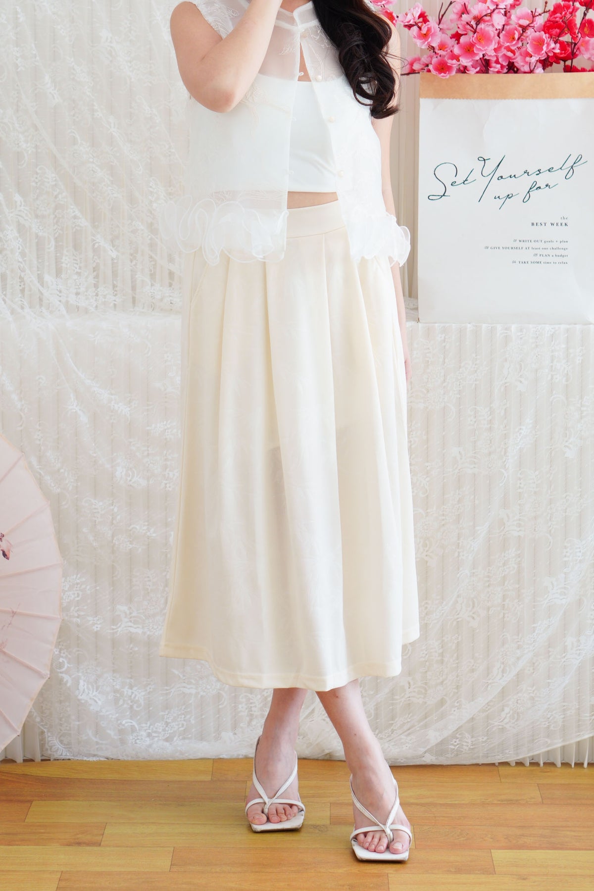 Wei A-Line Pleated Midi Skirt in Cream