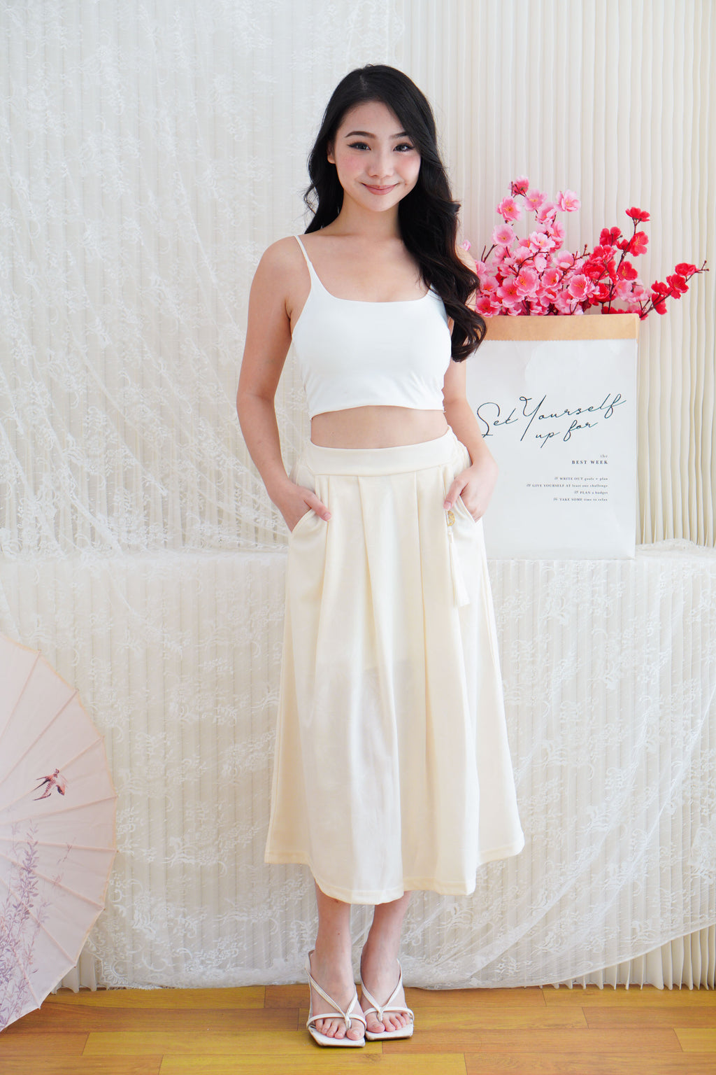 Wei A-Line Pleated Midi Skirt in Cream
