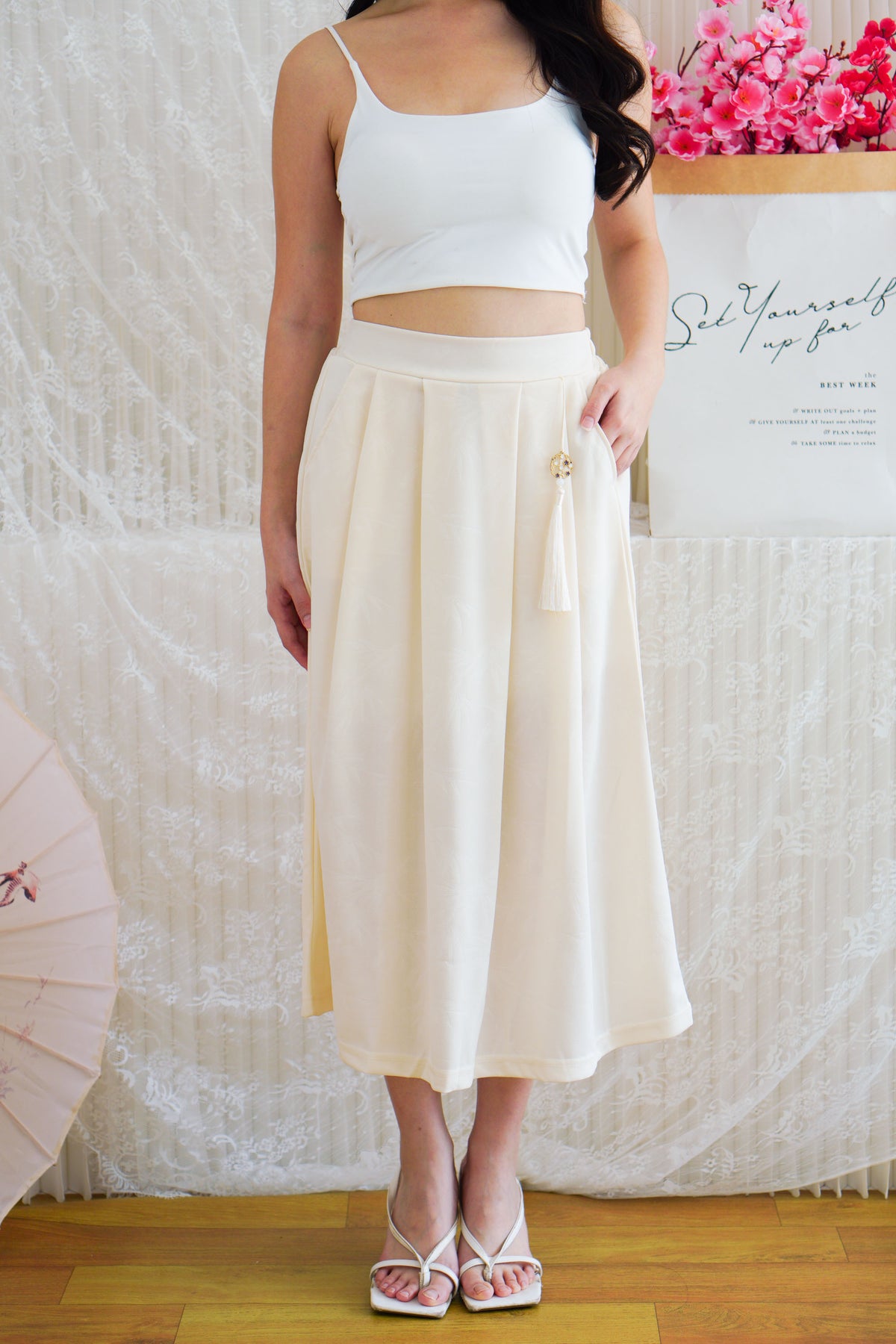 Wei A-Line Pleated Midi Skirt in Cream