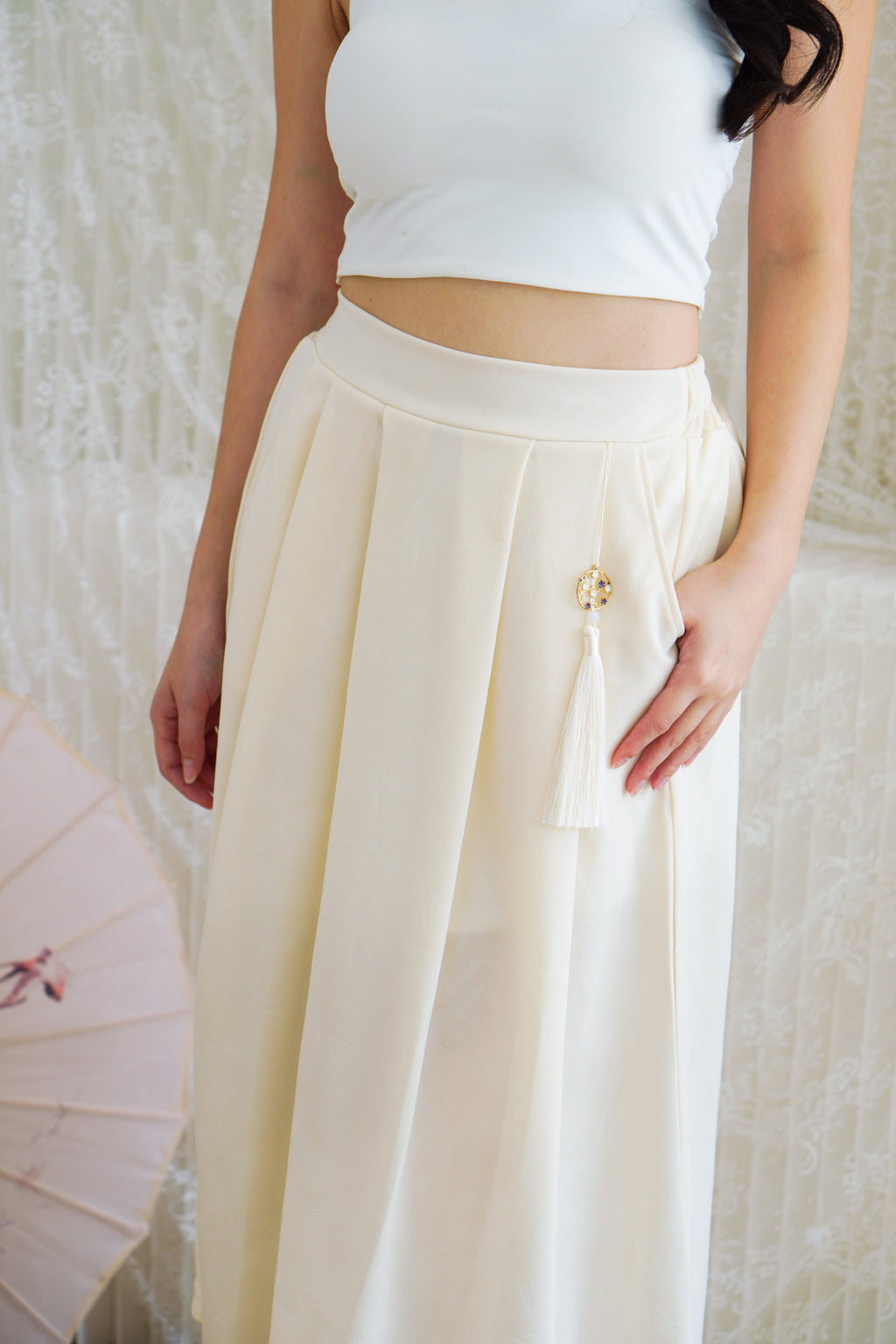 Wei A-Line Pleated Midi Skirt in Cream