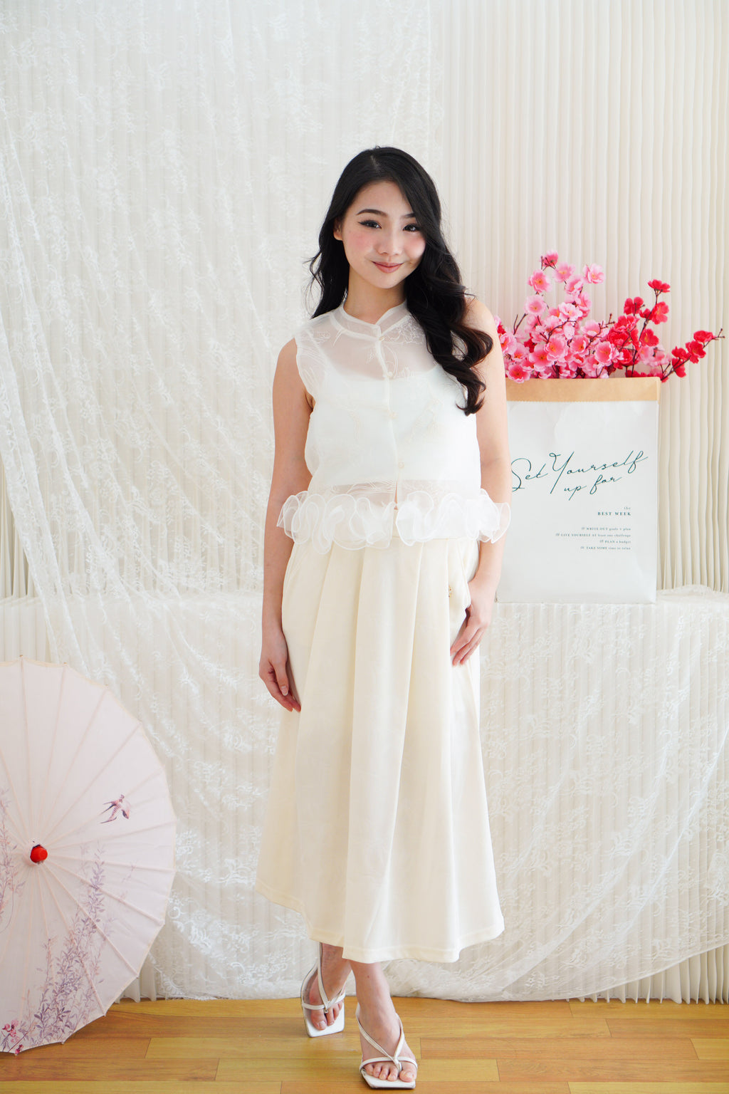 Wei A-Line Pleated Midi Skirt in Cream